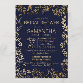 Möhippan Elegant Navy Blue och Guld Blommigt Inbjudningar