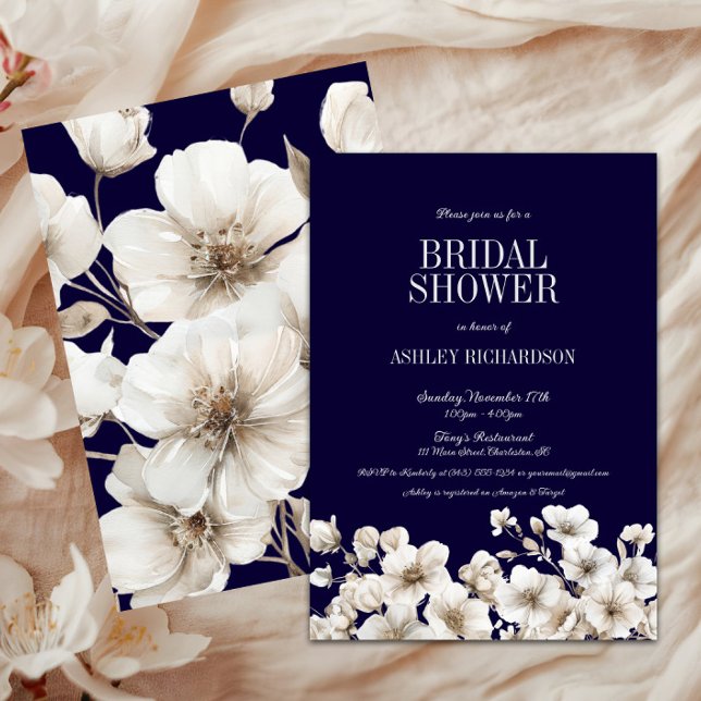 Möhippan elegant Navy och White Blommigt Inbjudningar (Navy & White Floral Love in Bloom Bridal Shower Invitation, Winter Flowers, Fall Autumn, Christmas)