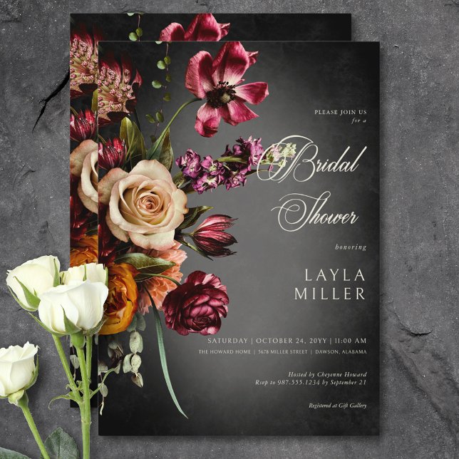 Möhippan Elegant Oskärpa på höstBlommigten mörk Inbjudningar (Dark Elegant Blur Autumn Floral Bridal Shower Invitation)