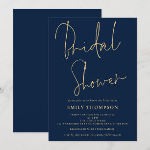 Möhippan elegant Script Navy Blue Guld Inbjudningar