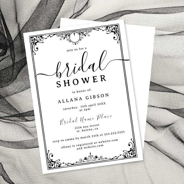 Möhippan elegant, svartvitt inbjudningar (Elegant black-and-white bridal shower invitation with ornate border and script.)