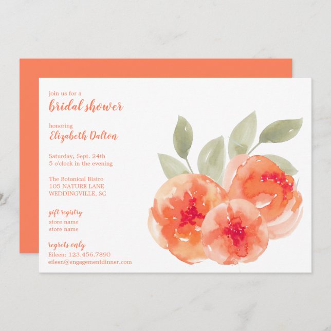 Möhippan elegant Watercolor Peach Peonies (vattenf Inbjudningar (Fram/baksida)