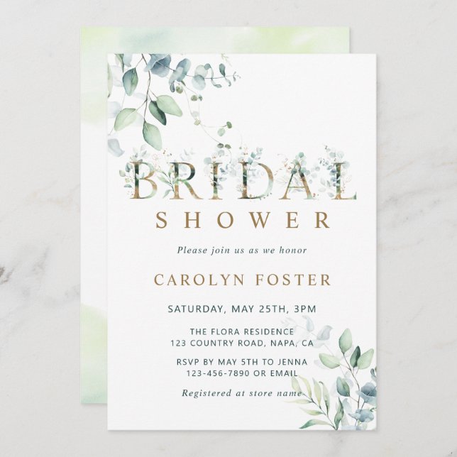 Möhippan Eucalyptus Botaniska Brev Guld Inbjudningar (Fram/baksida)