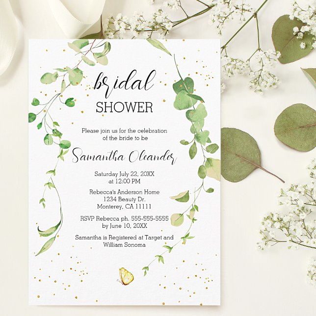 Möhippan Eucalyptus Greenery Boho Inbjudningar (Eucalyptus Greenery Boho Bridal Shower Invitations with gold sparkle details.)