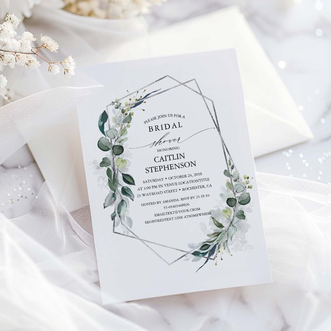 Möhippan Eucalyptus Greenery Geometric Silver Inbjudningar (Silver Greenery Bridal Shower Invitation)