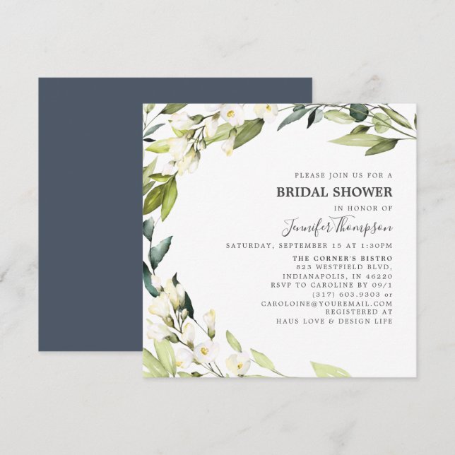 Möhippan Eucalyptus Greenery White Flowers Inbjudningar (Fram/baksida)