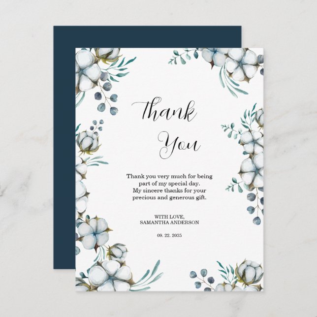 Möhippan Eucalyptus (marinblått bomull) Tack Kort (Fram/baksida)