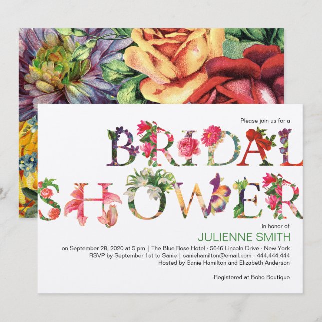Möhippan Färgfull modern botanisk Blommigt Inbjudningar (Fram/baksida)