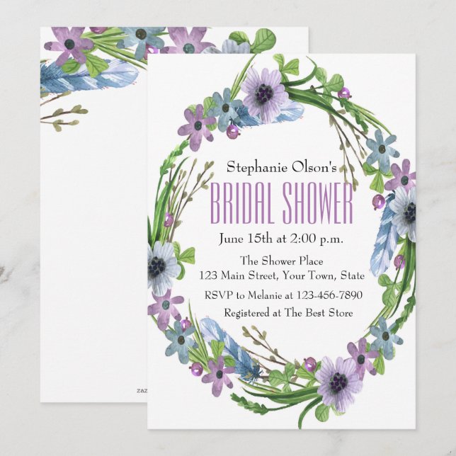 Möhippan Fjädrar och blommor Inbjudningar (Fram/baksida)