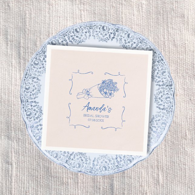Möhippan Flower Bouquet Blue Hand plockade Pappersservett (Flower Bouquet Blue Hand Drawn Bridal Shower Napkins)