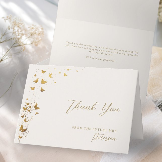 Möhippan Fold i Elfenbenskusten Guld för livstid-f Tack Kort (butterflies bridal shower folded thank you card garden vines lifetime romantic gold ivory elegant )