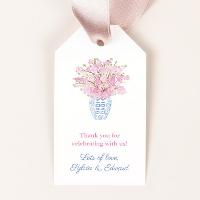 Möhippan för Blommarna för körsbär i Nyckel Presentetikett (Pink and blue watercolor Grandmillenial wedding shower favor tags)