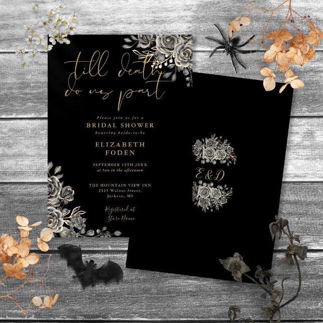 Möhippan för Blommigt i Svarta och Guld gotiska Ro Inbjudningar (Black And Gold Gothic Roses Floral Bridal Shower Invitation)
