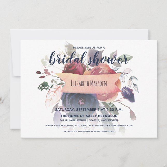 Möhippan för Blommigten Boho Burgundy Navy Ro Guld Inbjudningar (Framsida)