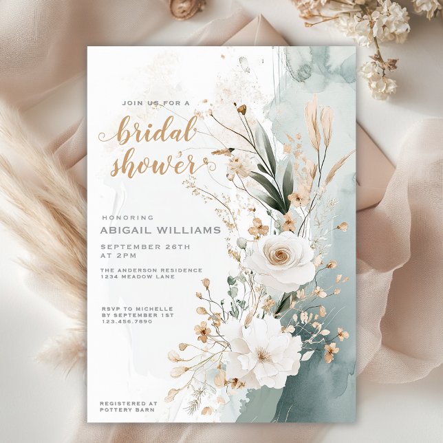 Möhippan för Blommigten Guld i den ryska kusten Gr Inbjudningar (Rustic Coastal Green Gold Floral Bridal Shower Invitation)