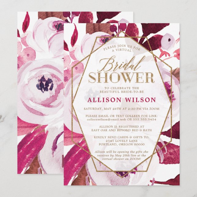 Möhippan för Blommigten shock rosa och Guld Inbjudningar (Fram/baksida)