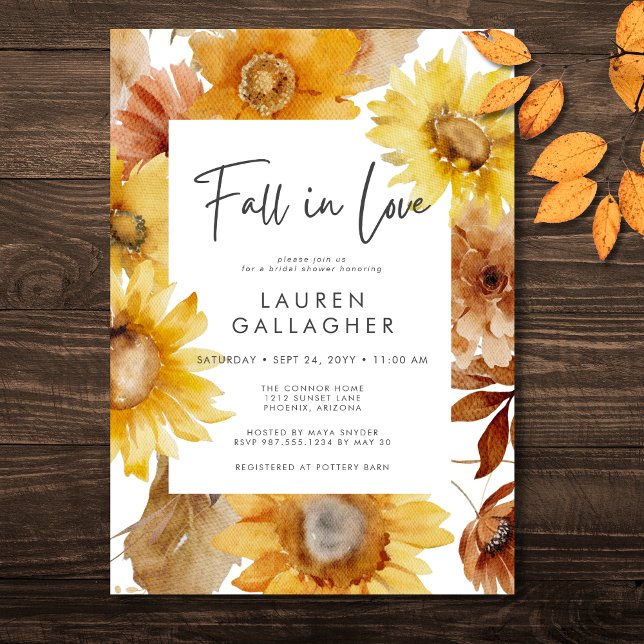 Möhippan för den moderna nedgången i Kärlek-solros Inbjudningar (Modern Fall In Love Sunflower Floral Bridal Shower Invitation)