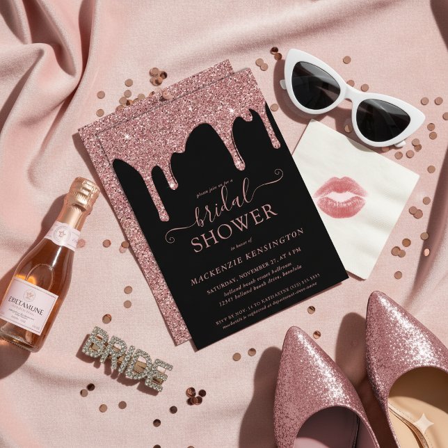 Möhippan för drivrutiner för lyxolja, Ro, Guld, Gl Inbjudningar (Luxury Black Rose Gold Glitter Drips Bridal Shower Invitation)