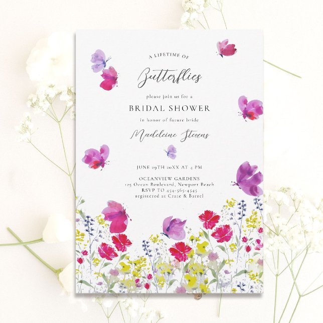 Möhippan för livstid för Butterflies Wildblomma Kä Inbjudningar (lifetime of butterflies theme bridal shower invitation whimsical wildflowers watercolor romantic)