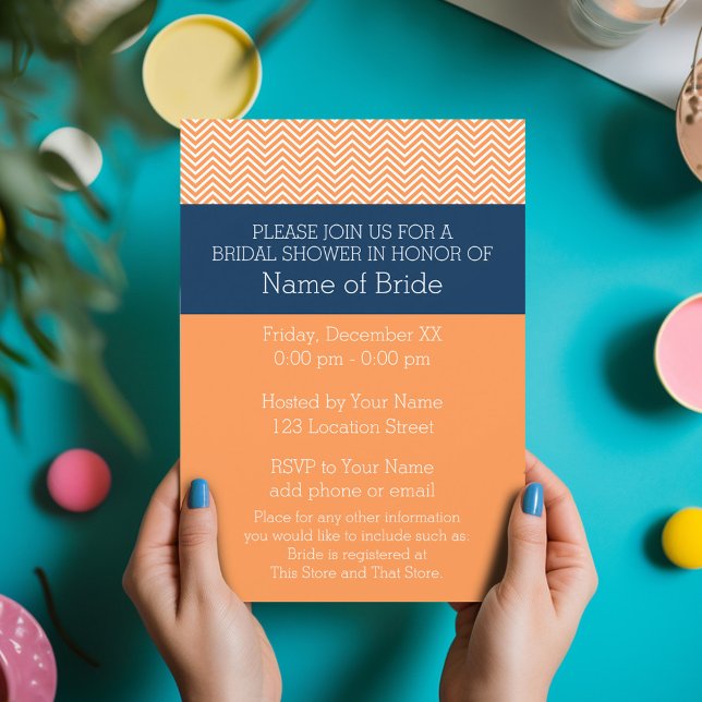 Möhippan för marinblått och Orange Chevron Mönster Inbjudningar (Bridal Shower Invitation - Orange and Navy Chevrons)