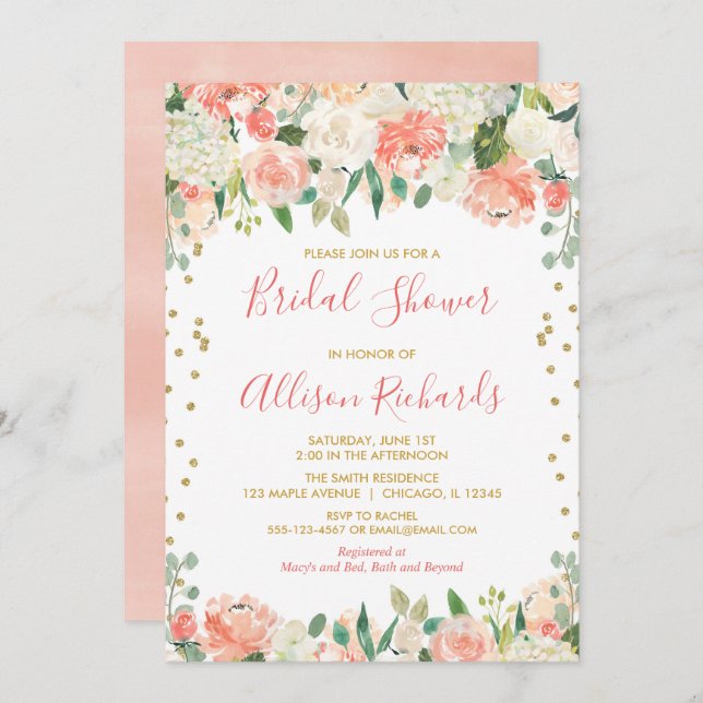 Möhippan för Peach och guld glitter blommigt Inbjudningar (Fram/baksida)