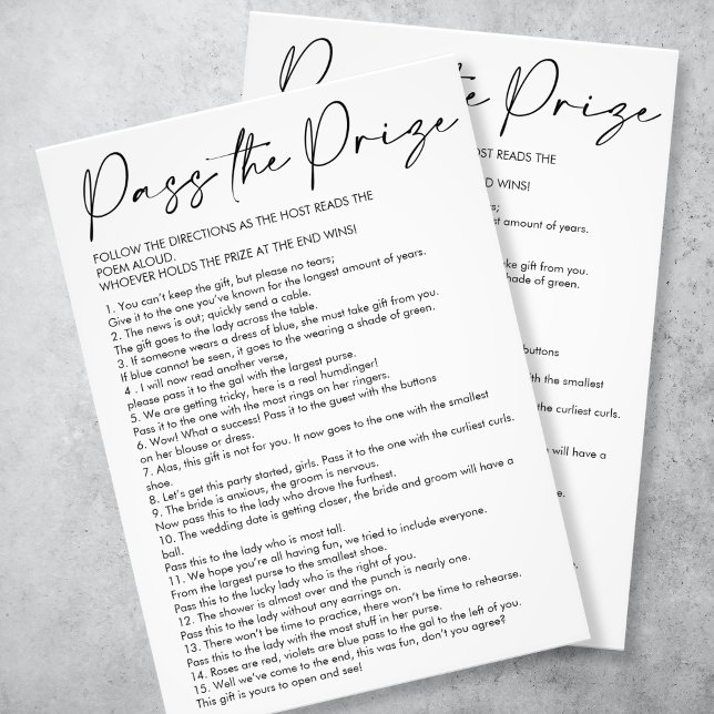 Möhippan för prisutdelning fototryck (simple modern script black and white "pass the prize" bridal shower gane)