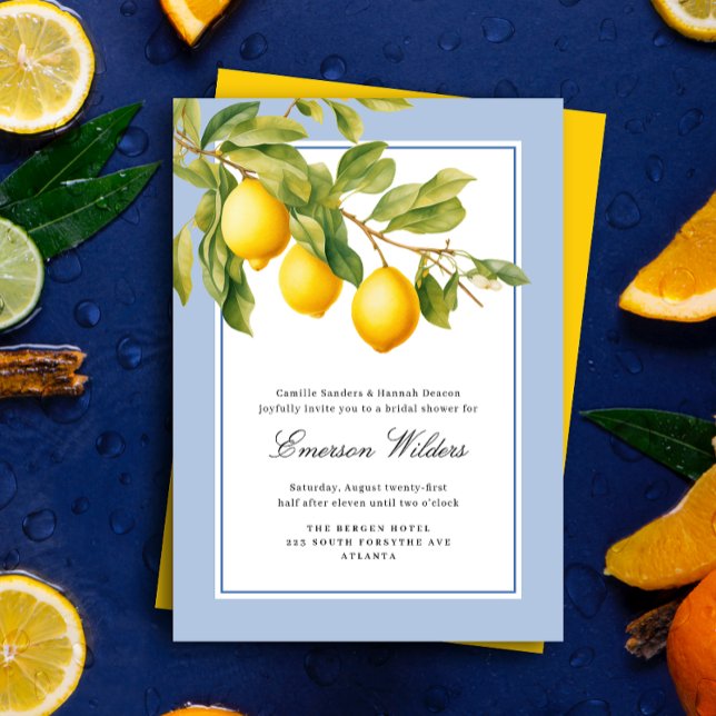 Möhippan Fresh Mediterranean Lemon Inbjudningar (Elegant blue and white lemon themed bridal shower invitation. Photo by Mohammad Metri on Unsplash)