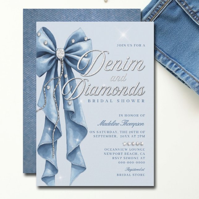 Möhippan Glam  för blå mönster Inbjudningar (denim and diamonds bridal shower ideas invitation elegant bow classy bling script blue white )