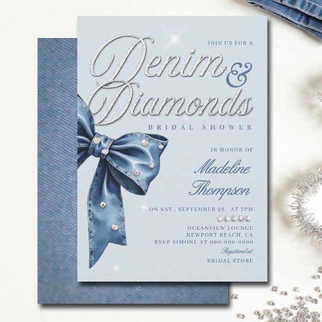 Möhippan Glam för Chic av blått fält i Denim Diamo Inbjudningar (denim and diamonds bridal shower ideas invitation elegant bow classy script blue white template)
