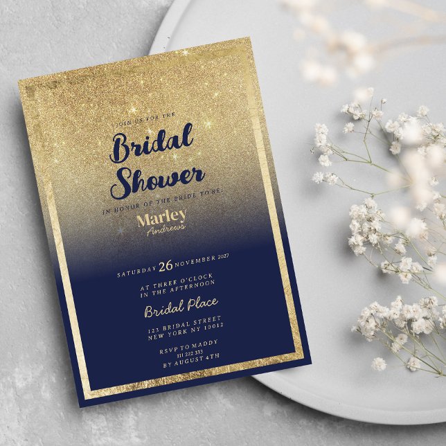 Möhippan glitter i lyxflottan blå guld inbjudningar (Luxury navy blue gold ombre glitter Bridal Shower)