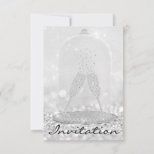 Möhippan glitter Silver Glass Bubbles Champagne 16 Inbjudningar (Framsida)