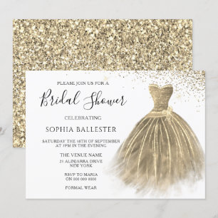 Möhippan Golden Sepia Guld Glitter Gown Dress Inbjudningar
