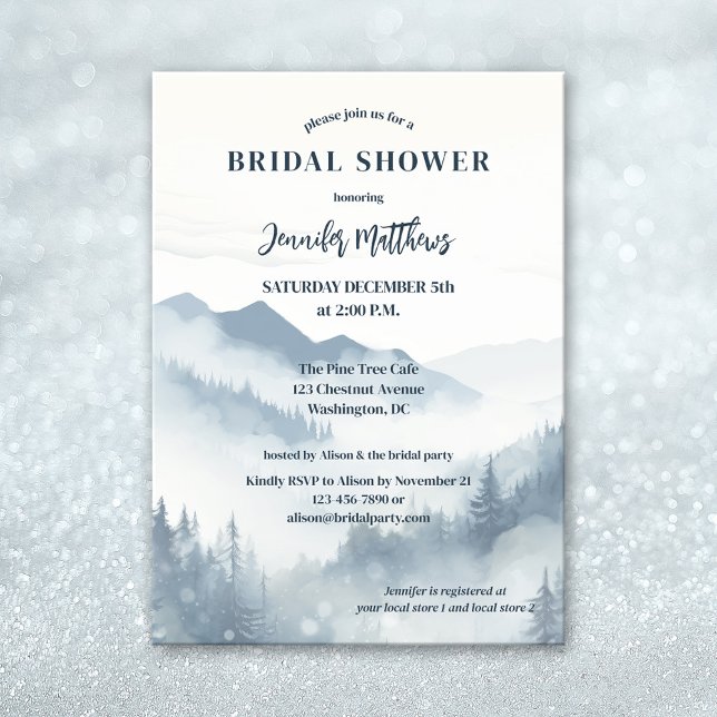 Möhippan Gräs Träd Forest Mountain Winter Inbjudningar (Watercolor winter bridal shower invitation featuring a hazy mountain scene with pine forests)