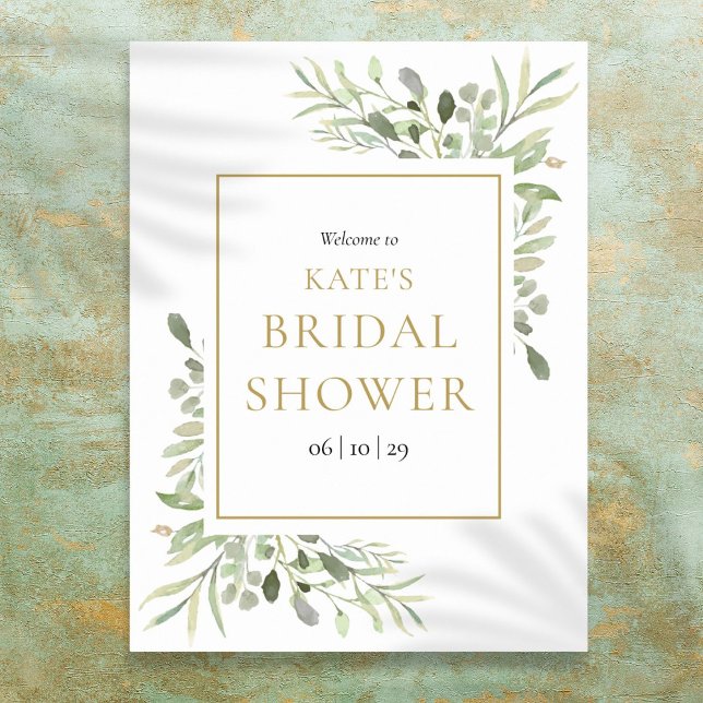 Möhippan Greenery Foliage Guld Välkommen Poster (Greenery Foliage Gold Bridal Shower Welcome Poster)