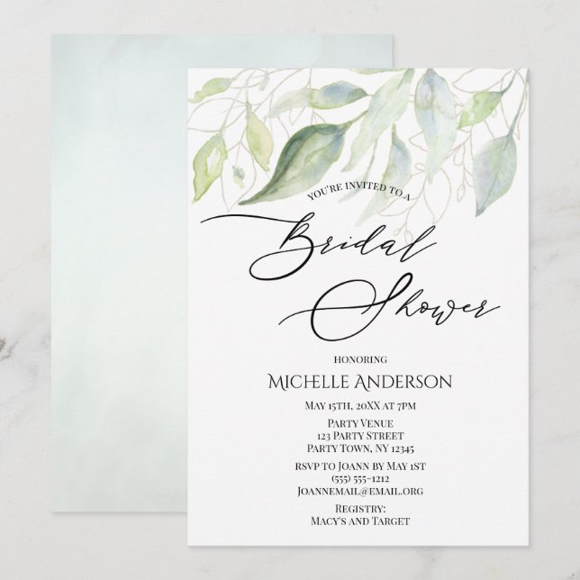 Möhippan Grey Guld Botanical Löv Inbjudningar (Fram/baksida)