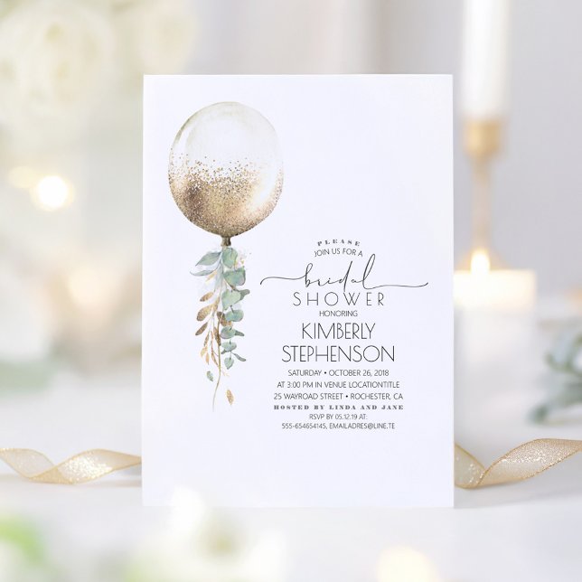 Möhippan Grey och Guld Glitter Balloon Inbjudningar (Elegant Gold and Green Bridal Shower Invitations)