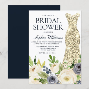 Möhippan Guld Dress för marin och vit blommor Inbjudningar