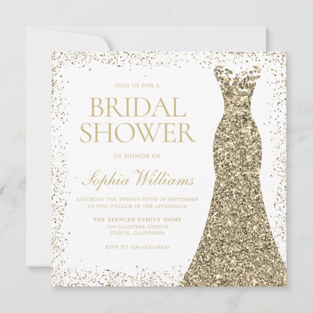 Möhippan Guld Glitter Bröllop Dress Gown Inbjudningar (Framsida)
