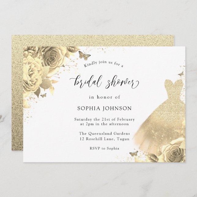 Möhippan Guld Glitter Gnistra Dress Blommigt  Inbjudningar (Fram/baksida)