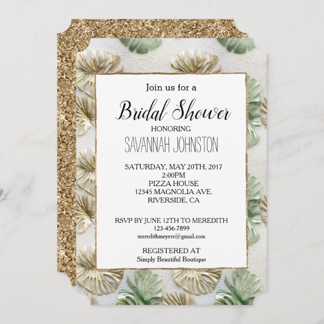 Möhippan guld Grönt White Tropical Löv Inbjudningar (Fram/baksida)