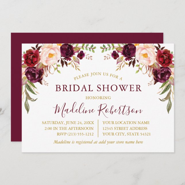 Möhippan Guld i  av vattenfärgen Burgundy Blommigt Inbjudningar (Fram/baksida)