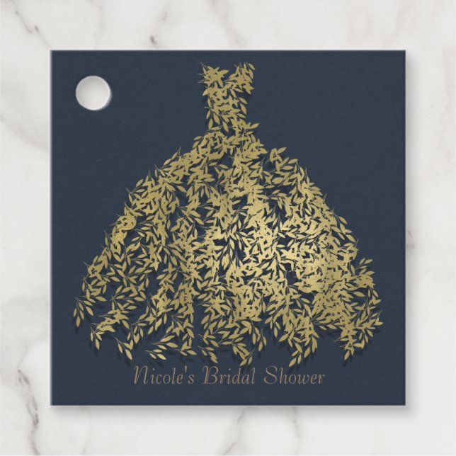 Möhippan Guld & Rustic Blue Botanical Dress Gåvor Etiketter (Framsida)