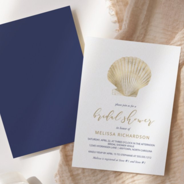 Möhippan guld Seashell Navy Blue Beach Inbjudningar (Skapare uppladdad)