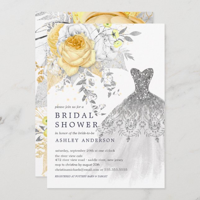 Möhippan Guld & Silver Blommigt Bröllop Dress Inbjudningar (Fram/baksida)