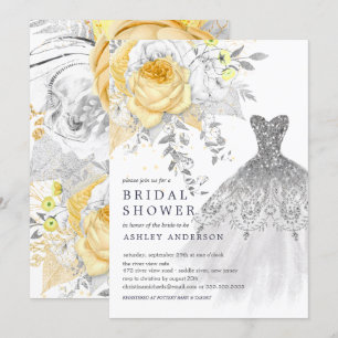 Möhippan Guld & Silver Blommigt Bröllop Dress Inbjudningar
