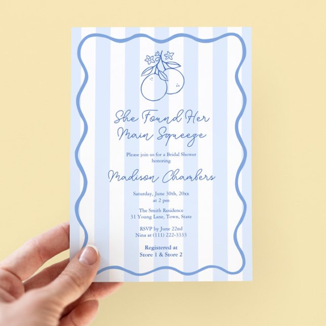 Möhippan Hand plockade Blue White Mediterranean Inbjudningar (Italian bridal shower invitation with wavy squiggle border & hand drawn oranges citrus illustration)