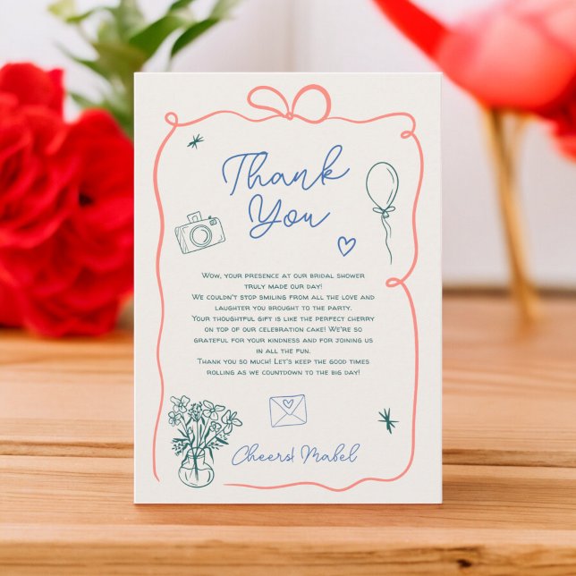 Möhippan hand plockade illustrerad av Retro fransk Tack Kort (Retro french hand drawn illustrated bridal shower thank you card)