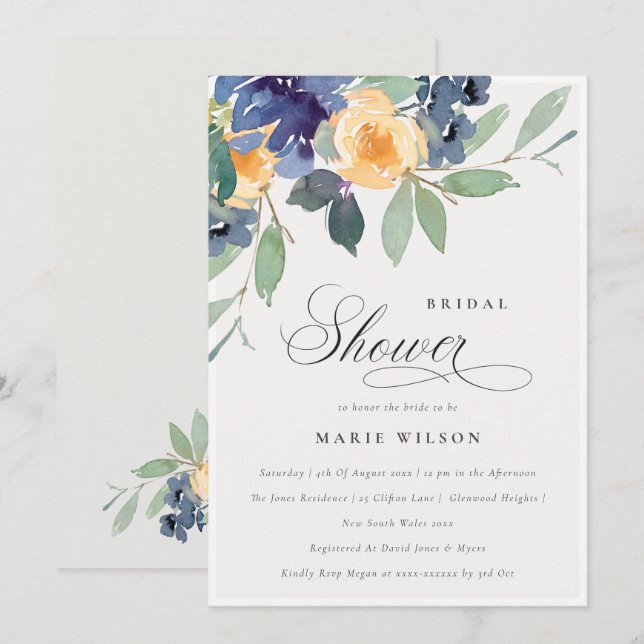 Möhippan Inbjudan i den blå Blommigten i Gult (Fram/baksida)