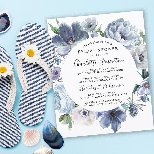 Möhippan Inbjudan i  för budgetblått Blommigt (Coastal Chic Dusty Blue Bridal Shower Invitation)