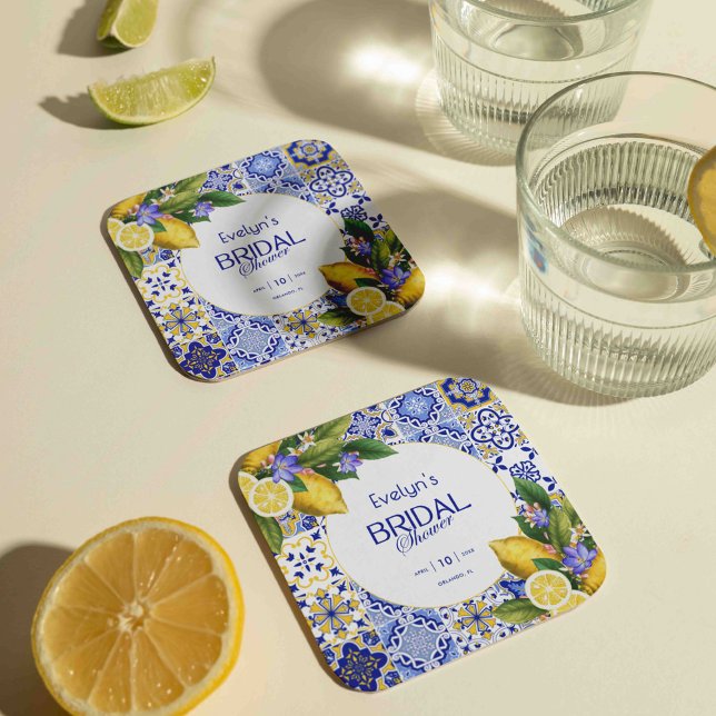 Möhippan Italienska Mosaic Blue Tile Lemons Underlägg Papper Kvadrat (Skapare uppladdad)